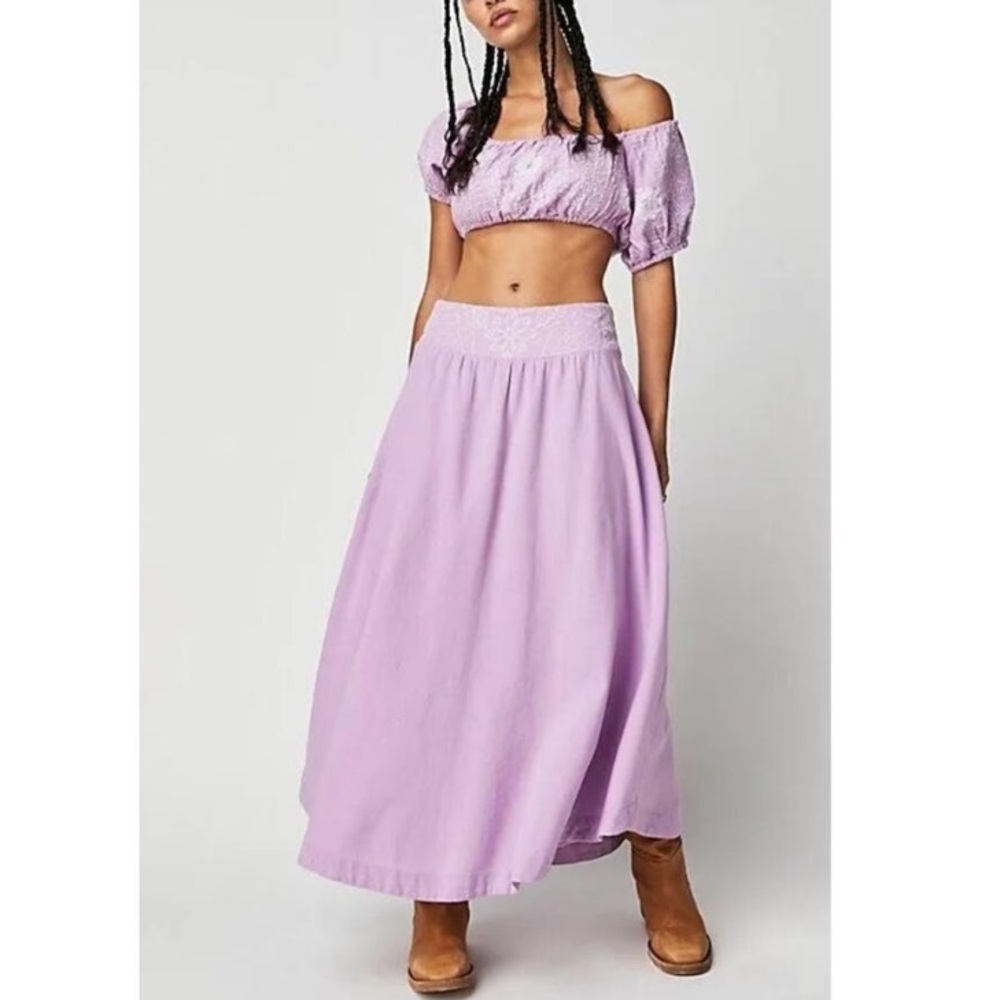 Free People 2pc Lilac lotus embroidered detail skirt pouf top set M medi…